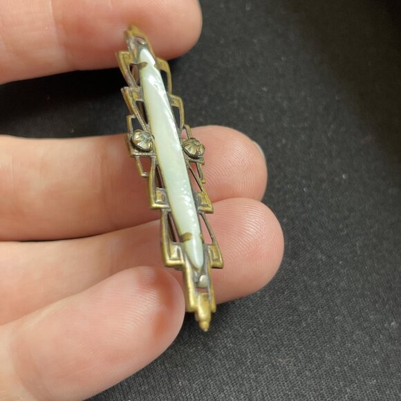 Antique Art Deco Mop Bar Pin Brooch Clear Stones Mother Of Pearl C Clasp - Picture 3 of 8